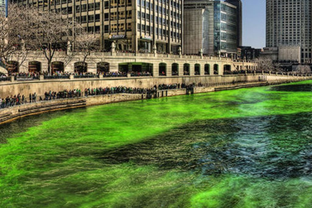 A high resolution photo of the Chicago River on St. Patrick’s Day