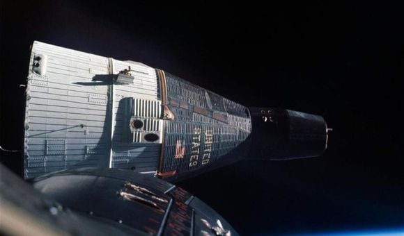 This view of Gemini VII from VI-A in December 1965 shows the spacecraft’s orbital configuration.