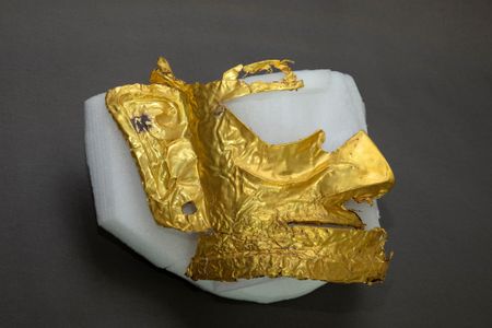 Fragment of a gold mask unearthed at Sanxingdui, an archaeological site in southwest China