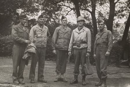 Walker Hancock, Lamont Moore, George Stout and two unidentified soldiers in Marburg, Germany, June 1945.