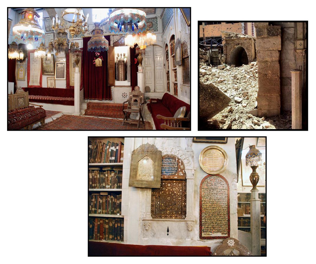 Upper left, the sanctuary of Eliyahu Hanavi-Jobar in 2010. One tradition holds that it was built on top of a cave where the prophet Elijah hid from persecution and spoke to God. Upper right, the ruins of the Eliyahu Hanavi-Jobar Synagogue in Damascus, Syr