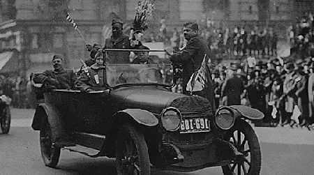 Henry Johnson and the Harlem Hellfighters in a parade up Fifth Avenue upon their return to New York in February, 1919.