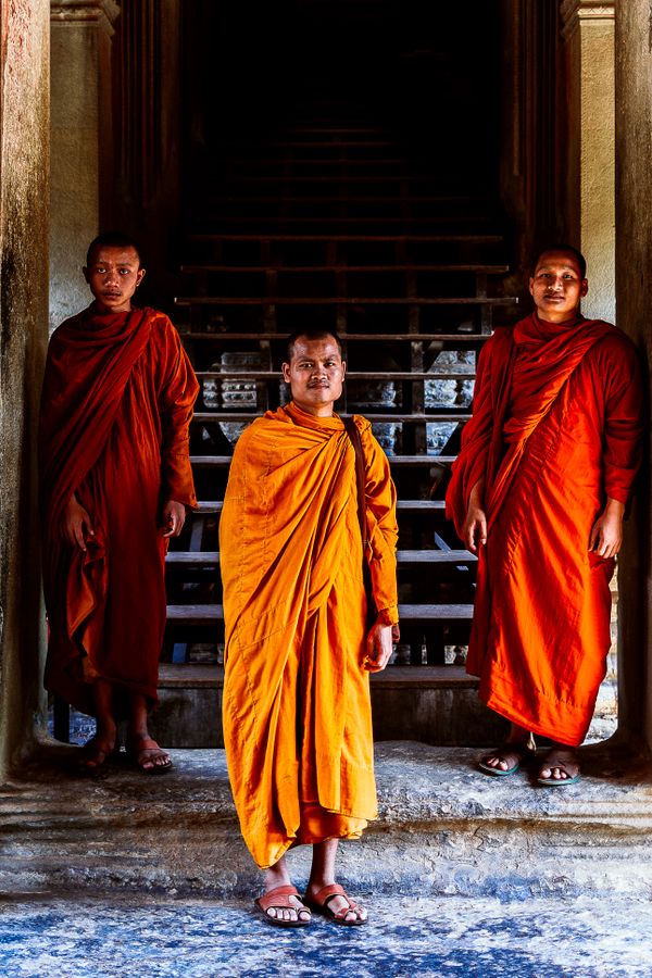 Three monks in Angkor Wat thumbnail