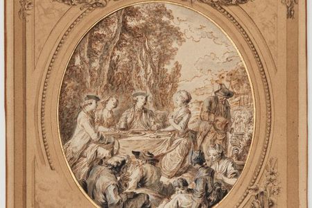 Charles-Dominique-Joseph Eisen, Preparatory sketch with a drawn frame for an illustration of the "Comedy Les Moissonneurs," 1768 