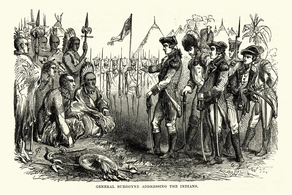 An illustration of British General John Burgoyne addressing his Native allies