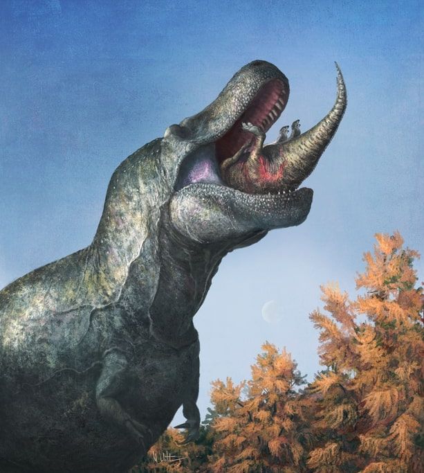 A T. rex with lips consumes a smaller dinosaur
