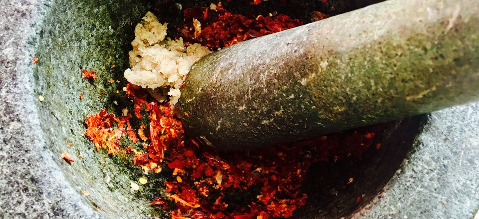  Grinding chillis for Thai curry 