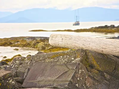 The rocky beach in Wrangell, Alaska, is decorated with more than 40 petroglyphs.