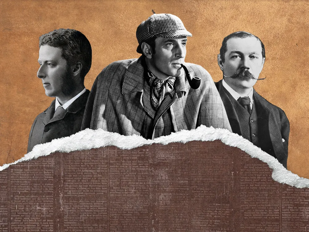An illustration of Joseph Bell, Sherlock Holmes and Arthur Conan Doyle
