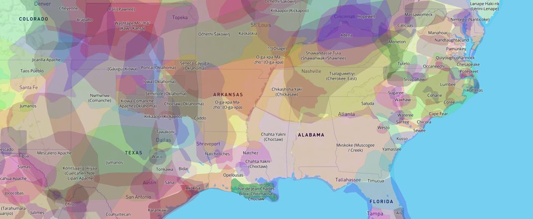A multicolored map of overlapping regions that highlight where Native groups historically lived; Chickasaw land appears at the northern edge of modern-day Mississippi and extends north into Tennessee