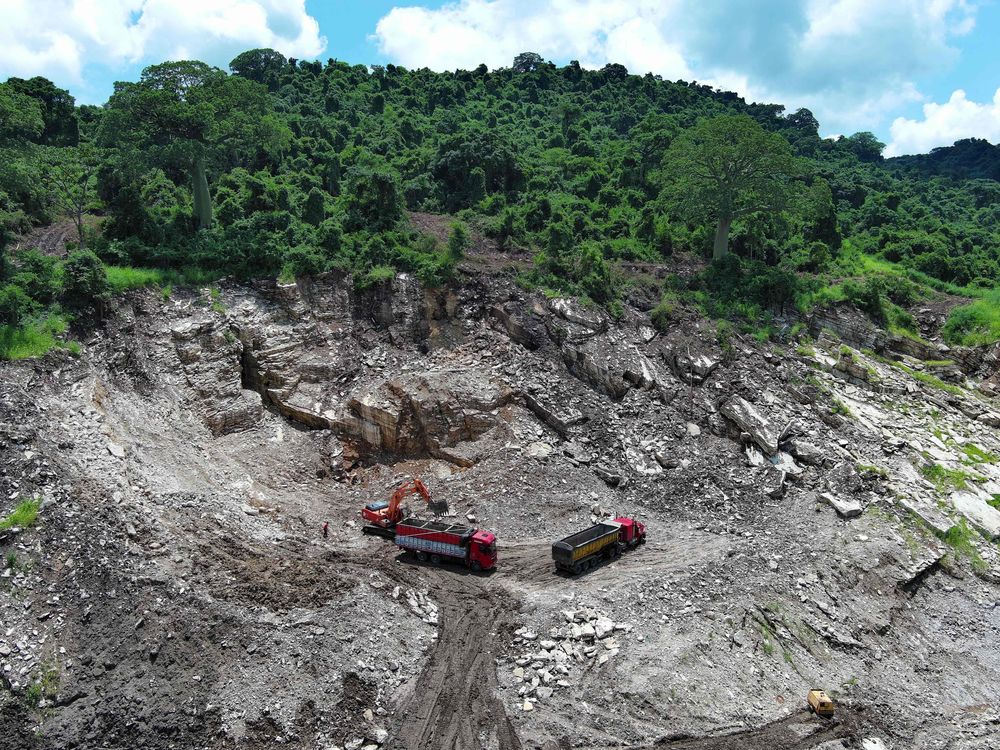 two trucks on rocky ground in front of lush trees