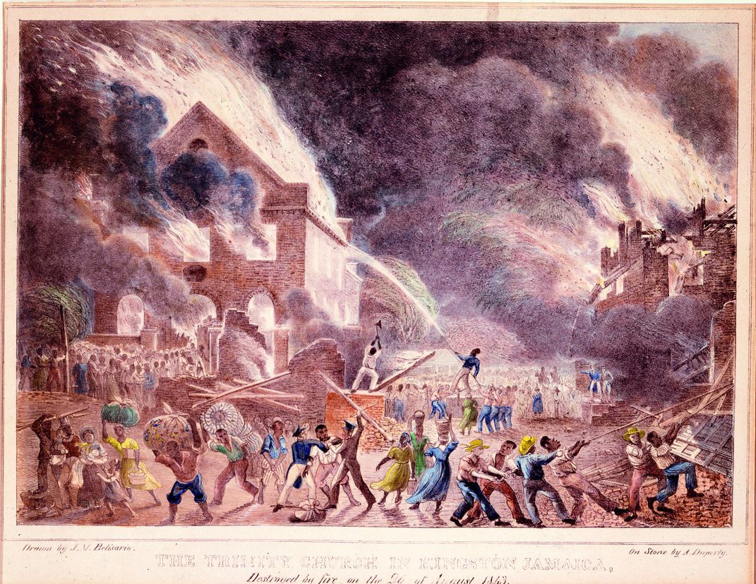 A lithograph of the Great Fire of Kingston, which destroyed large sections of the city, including Mary Seacole's home, in August 1843