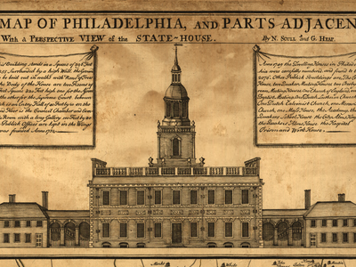 Detail of north elevation of Pennsylvania State House (Independence Hall), from 1752 map of Philadelphia, Pennsylvania.