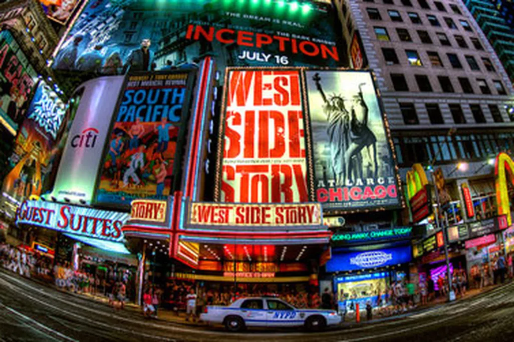 In the midst of Broadway's musicals, there's a little food to be found. Times Square Fisheye.