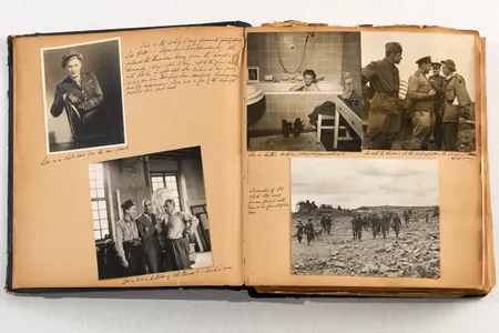 The left page contains a photo of Lee Miller with Pablo Picasso, while the right contains a never-before-seen alternate version of the famous picture of Miller in Hitler&rsquo;s bathtub