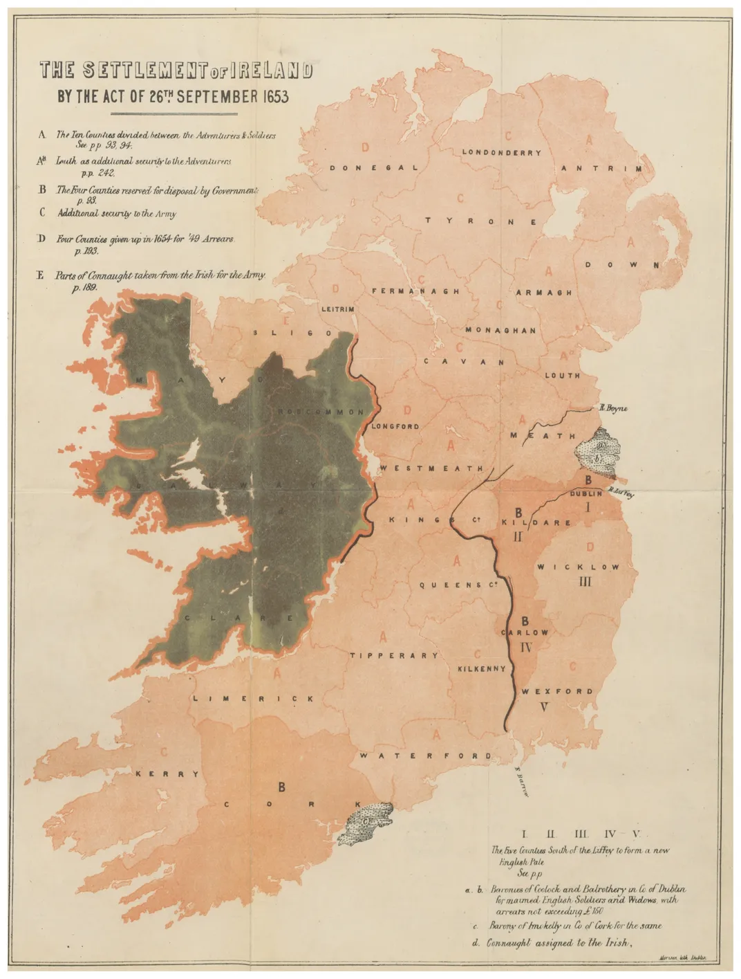 A map of lands confiscated from Irish Catholics following Oliver Cromwell's conquest of Ireland in the mid-17th century