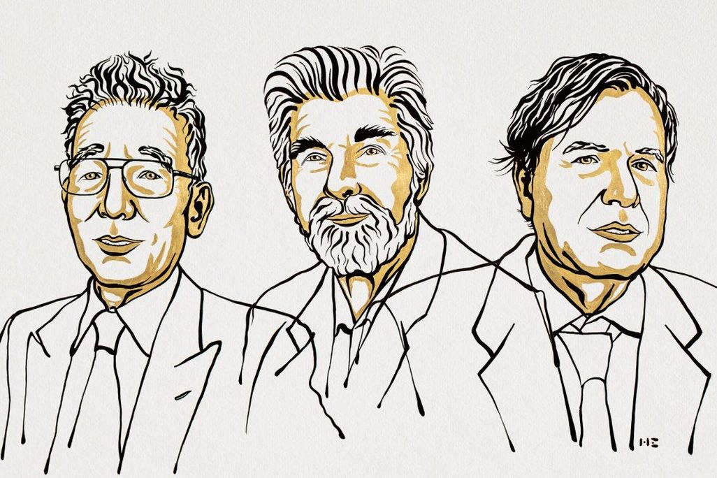 A black and yellow line drawing illustration of the three winners