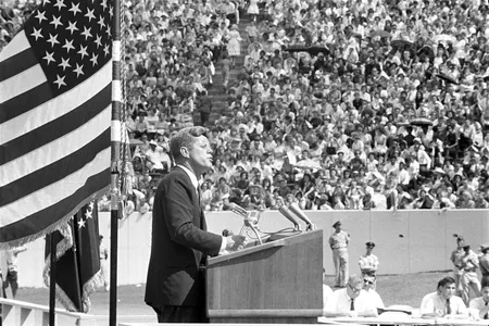 President John F. Kennedy delivers remarks at Rice University regarding the nation's efforts in space exploration on September 12, 1962