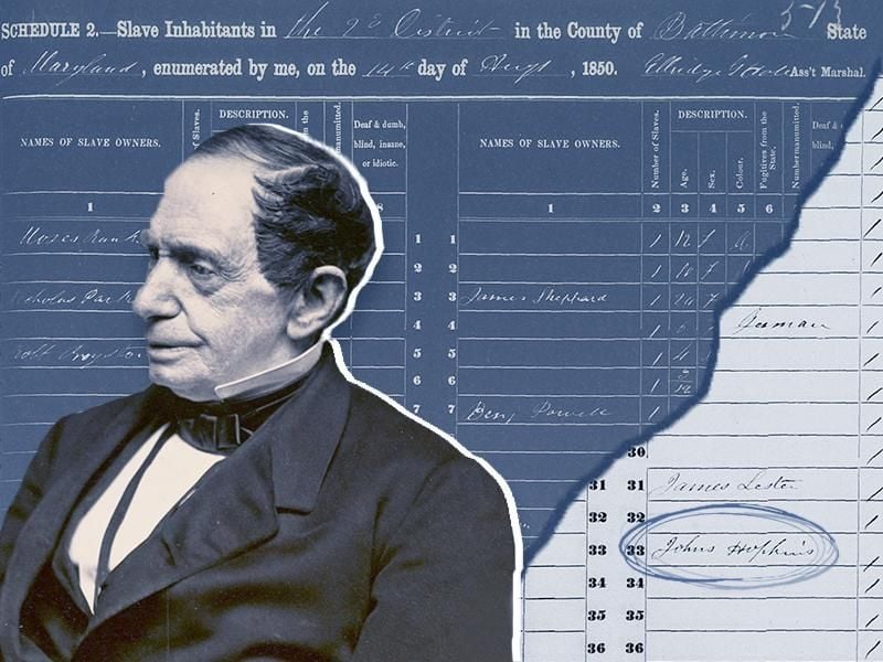 A composite image of Hopkins, center, wearing a fancy suit and looking seriously off to the side; behind him, a cutout of the slave schedule which reads "slave households in ... the county of Baltimore..." and lower right, Hopkin's name (circle added)