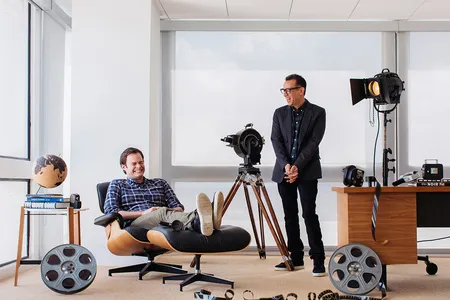 Bill Hader and Fred Armisen share a laugh at the Broadway Video offices in Beverly Hills, CA, surrounded by the tools of their trade for their new series, Documentary Now.