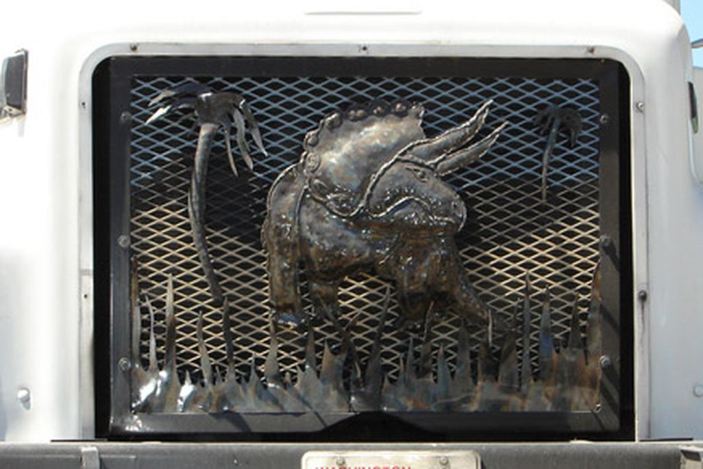 A Triceratops grill cover as seen in Granger, Washington