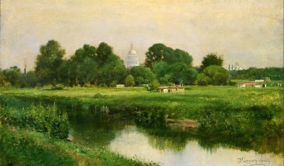 Painting of a marsh with the U.S. capital in the background.