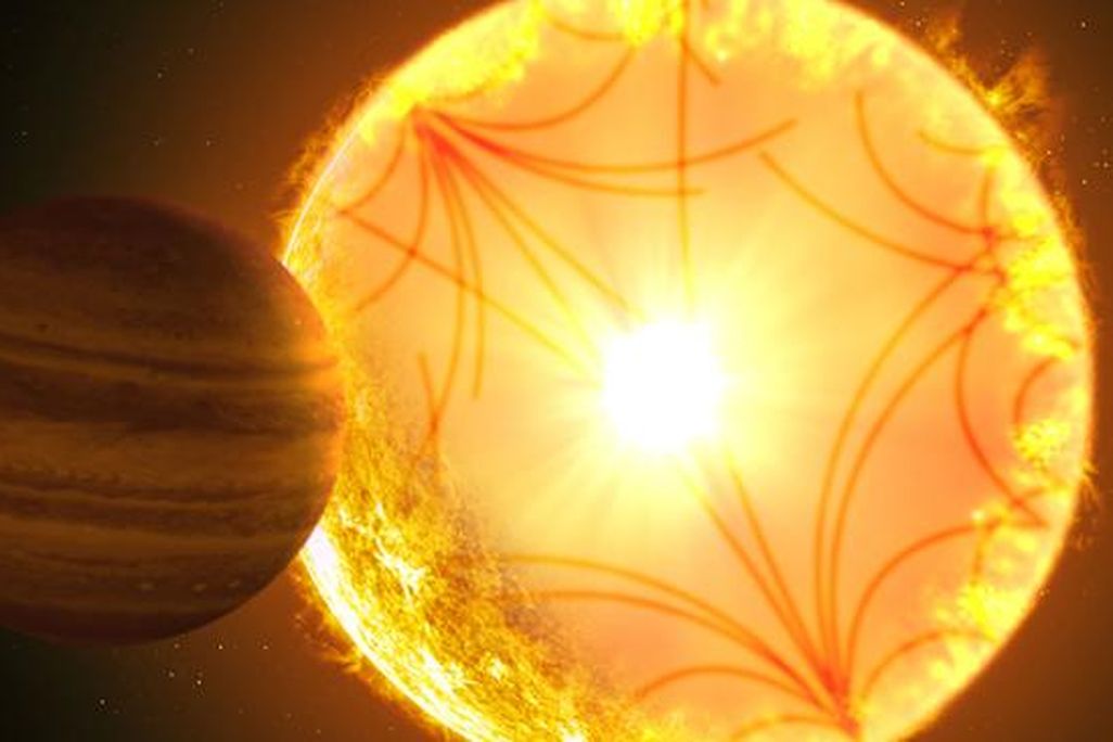 illustration of a jupiter-like planet and fiery yellow star