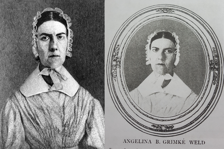 The image on the left is a wood engraving that was likely commissioned by a popular magazine hostile to abolitionism and happy to render Angelina strangely distorted. This is the first time that it has been published next to the photo on the right, on which it was based and which was likely taken in the 1840s.