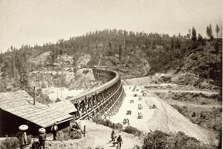 Chinese railroad workers near the Secret Town Trestle in Placer County, California, around 1869