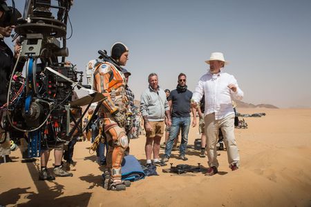 "The Martian" star Matt Damon and director Ridley Scott (far right) on location in Jordan. 