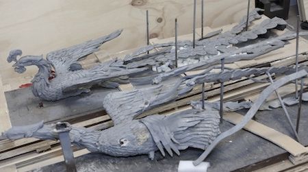 View of Xu Bing’s Phoneix models in transit.