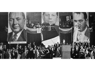 Senator John F. Kennedy speaks to supporters at Chicago Stadium four days before the 1960 election.