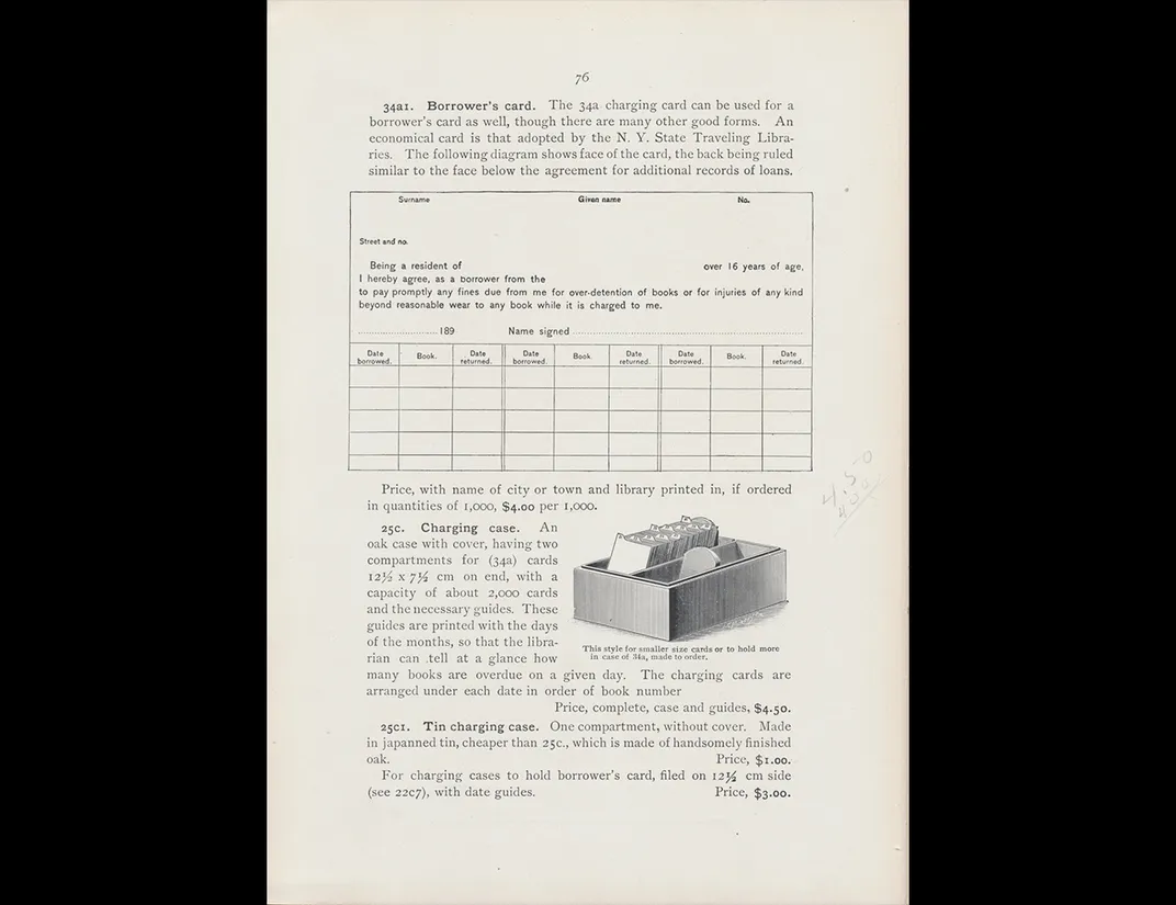 Trade catalog illustration of library charge slips and case.