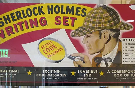 An interactive game from 1946 featuring Sherlock’s signature deerstalker cap and magnifying glass