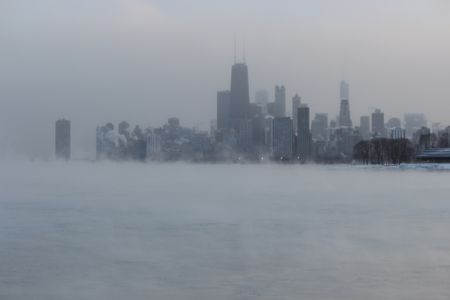 The Chicago skyline during the polar vortex.