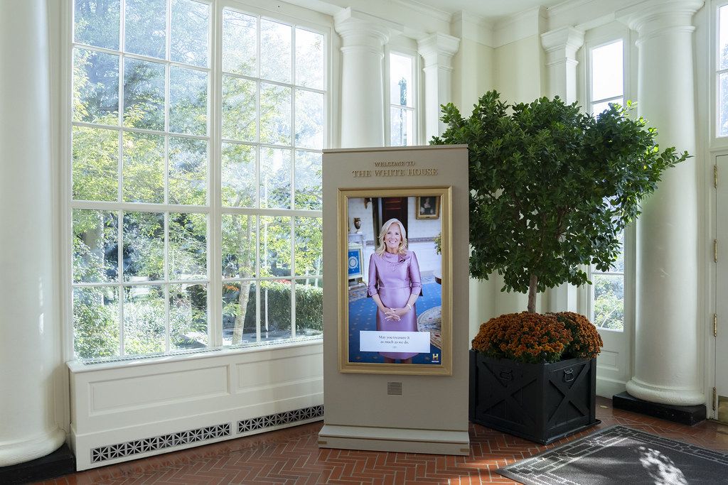 Video screen in front of windows and a potted tree