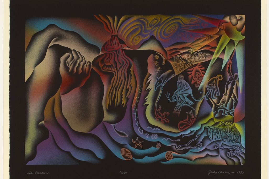 A colorful nature scene shows a bursting creation of the world, hearkening back to female power.