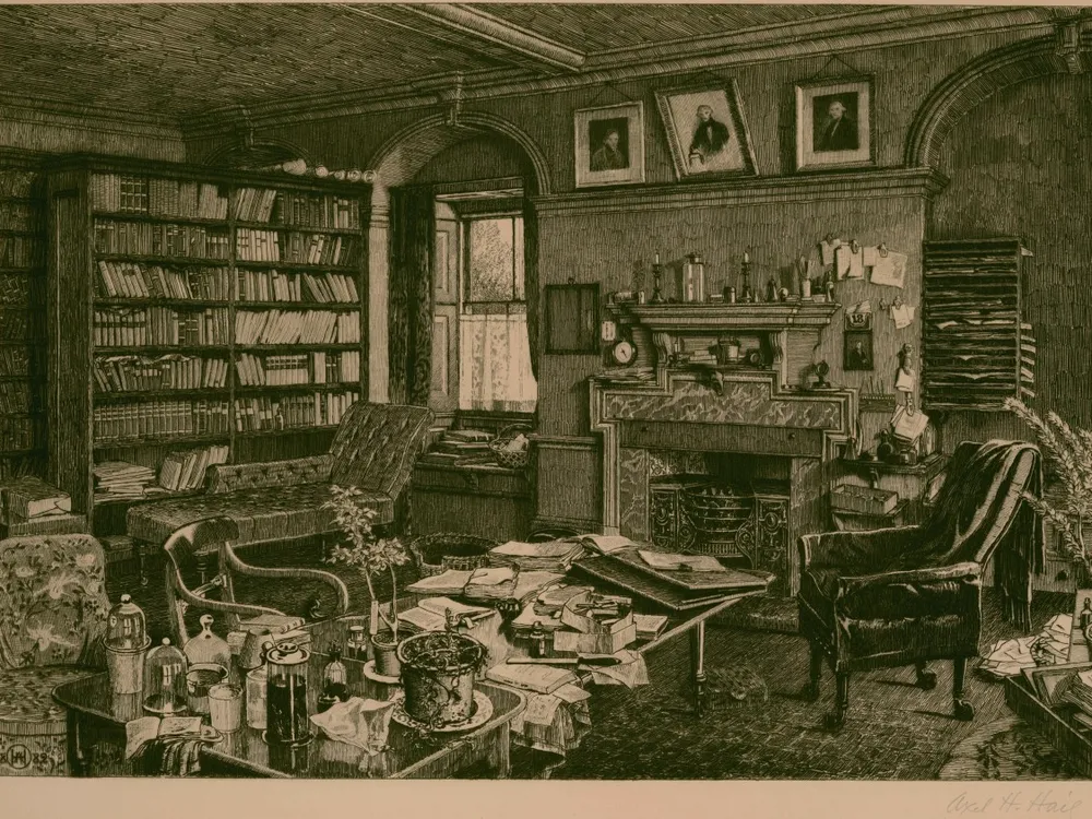 A black and white etching of Darwin's study, commissioned a week after Darwin's death. The image shows a full, messy study with many books and papers.