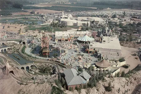 An aerial view of Disneyland in Anaheim, California, circa 1955