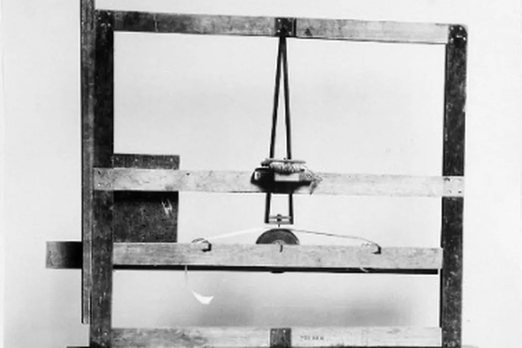 Morse's 1837 telegraph receiver prototype, built with a canvas-stretcher