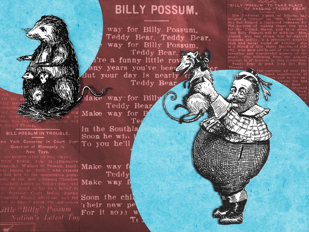 An illustration of William Howard Taft holding up Billy Possum