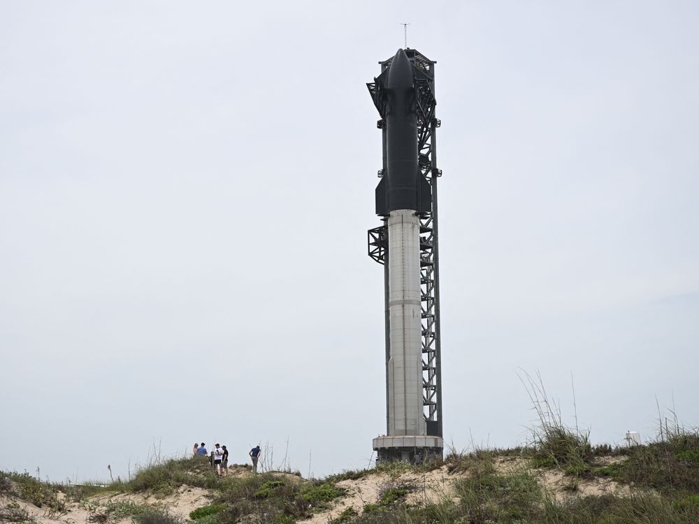 The Starship rocket stands on its launch pad