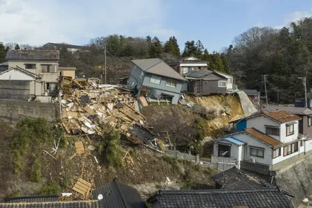 Damaged houses, one collapsed completely, along a street in Wajima, Japan, on January 2, 2024&mdash;one day after a 7.5 magnitude earthquake struck the region.