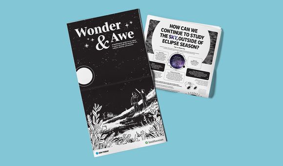 Light blue background with a newspaper extended featuring the words "Wonder & Awe" and a folded newspaper highlighting eclipse news