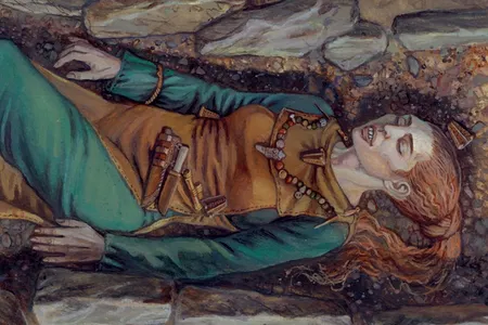 An artistic representation of the Gotlant burial of a Viking-era woman with a modified skull