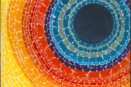 Painting with a dark blue center circle surrounded by concentric circles of reds, oranges, and yellow