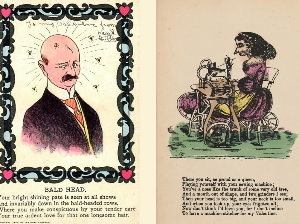 A pair of vinegar valentines poking fun at the recipients' looks