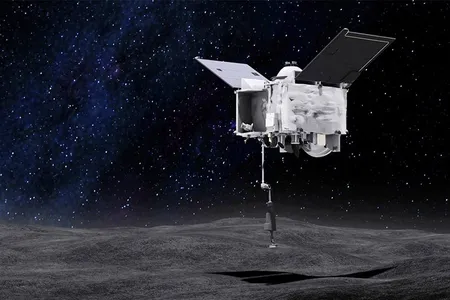 An artists concept of the Origins Spectral Interpretation Resource Identification Security - Regolith Explorer (OSIRIS-REx) spacecraft collecting a sample from the asteroid Bennu. 