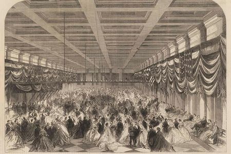 An engraving from the Illustrated London News, recorded the "Ball in Honour of President Lincoln in the Great Hall of the Patent Office at Washington," which today is the home of the Smithsonian American Art Museum and the National Portrait Gallery. 