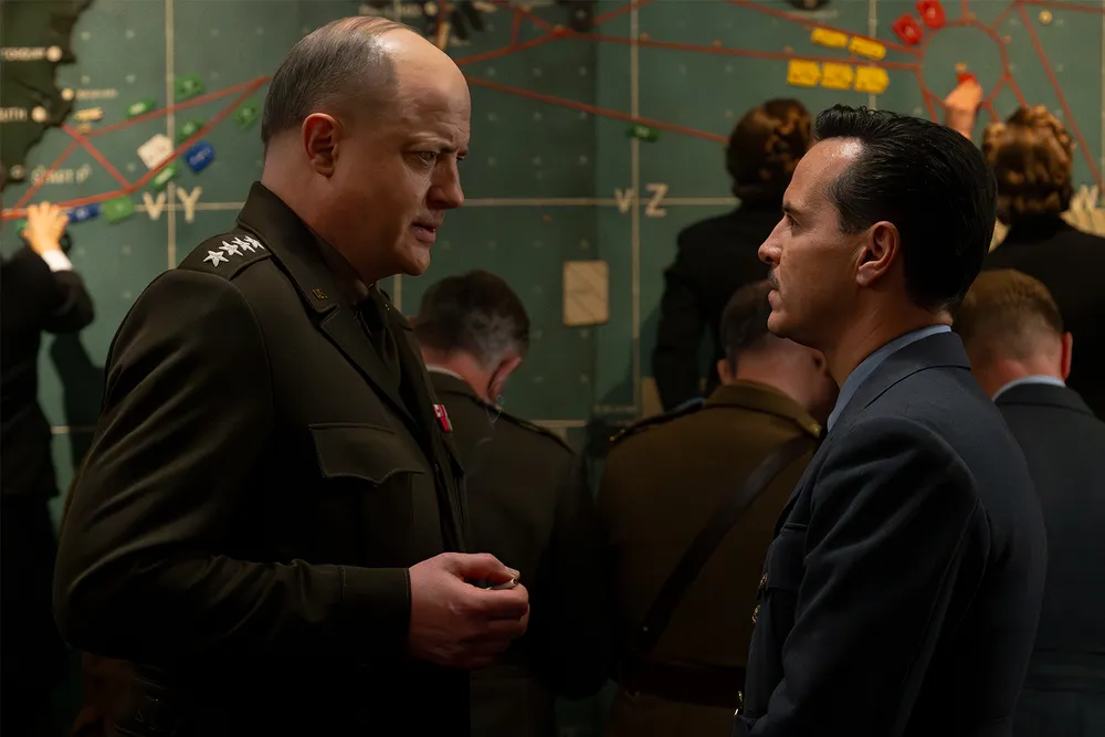 Brendan Fraser (left) as Dwight D. Eisenhower and Andrew Scott (right) as James Stagg in Pressure, a new WWII drama
